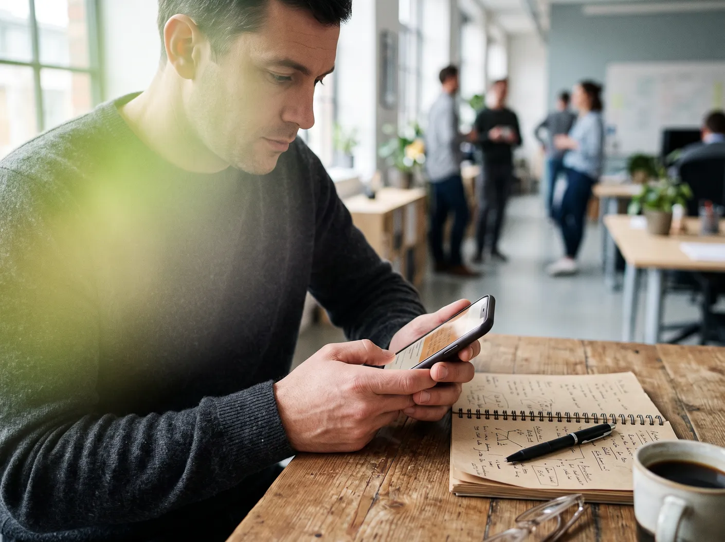 A man looking at his phone over an open notebook and a cup of coffee – David Zelenka