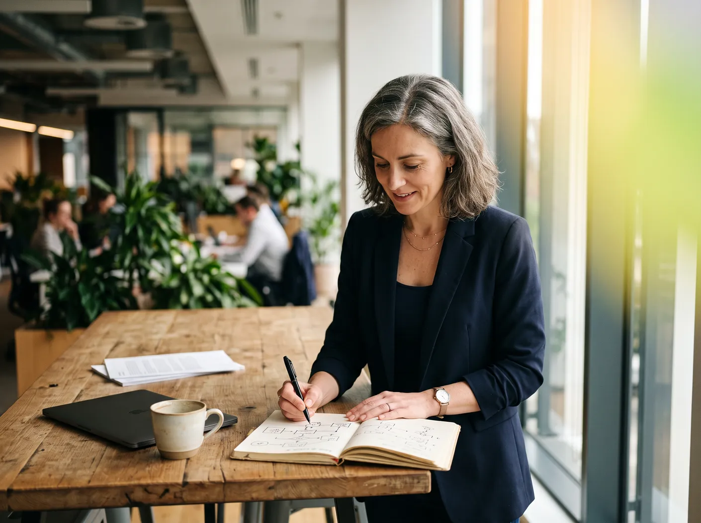 A woman standing at a table, writing notes in a notebook – David Zelenka