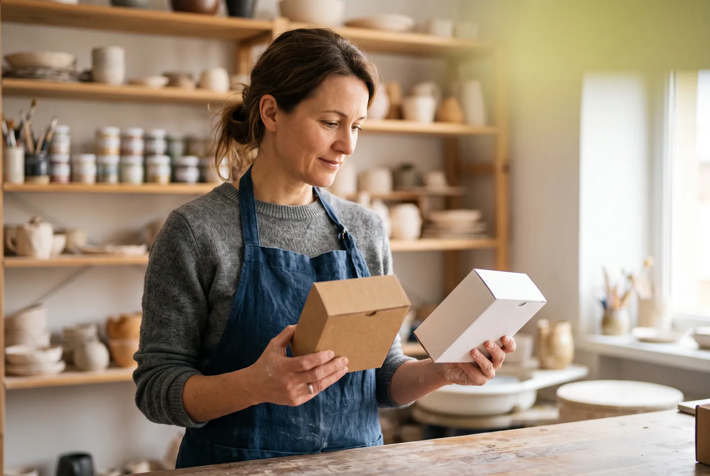 The owner of a ceramics studio comparing two packaging options for her products
