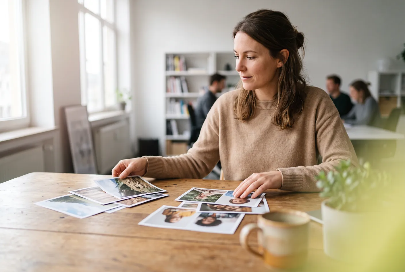 A woman at a desk sorting photos into two groups based on what captures her brand's personality