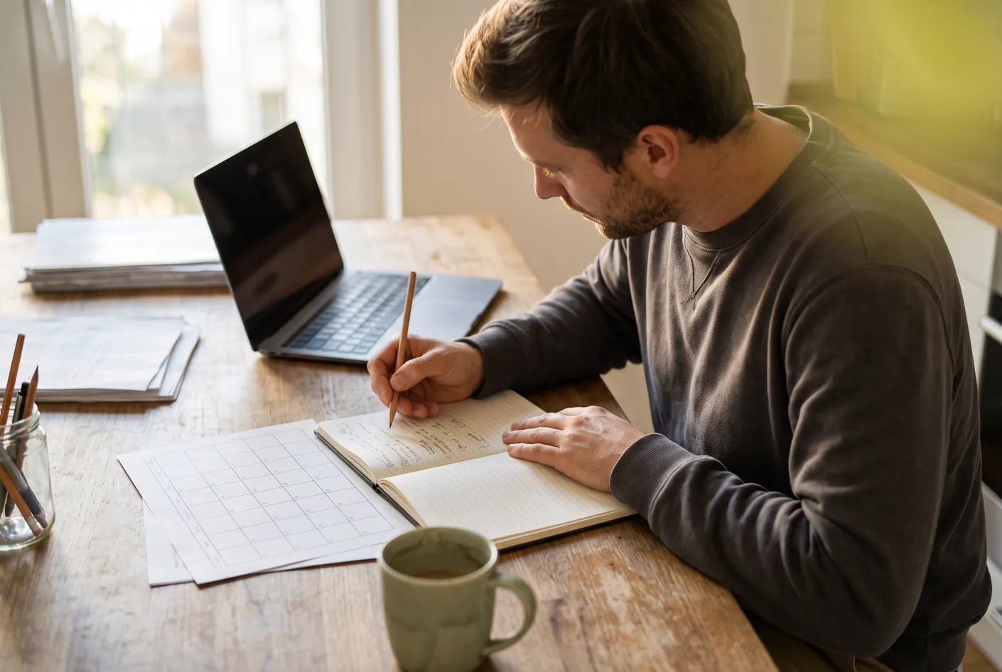 A man in his kitchen planning content topics in a notebook and on a monthly calendar