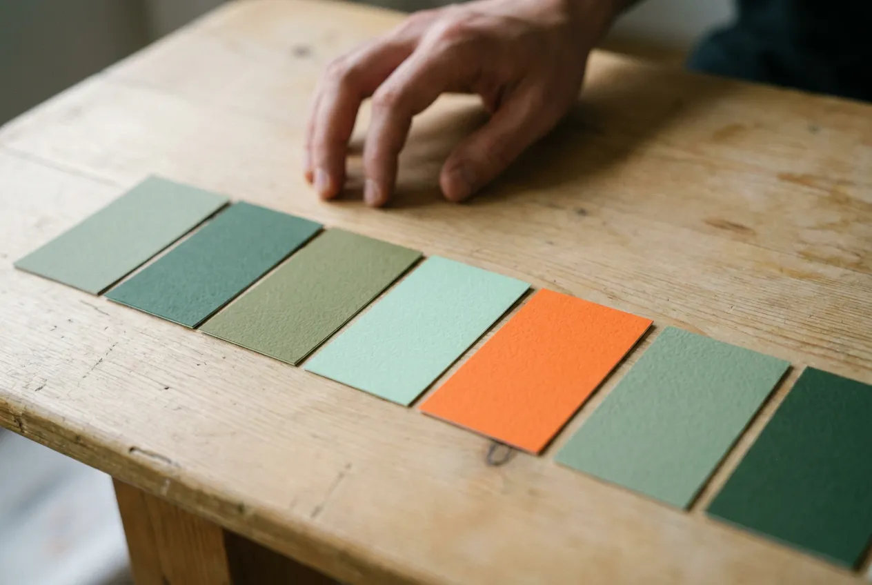 A hand over a desk with color swatches, one bold orange swatch standing out from a row of greens
