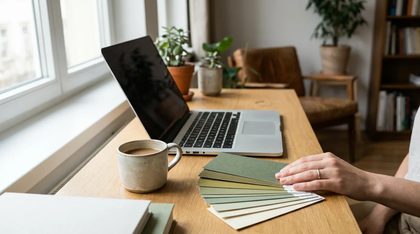 A desk in daylight with an open laptop, a cup of coffee, and paper color swatches in earthy greens and cream – David Zelenka