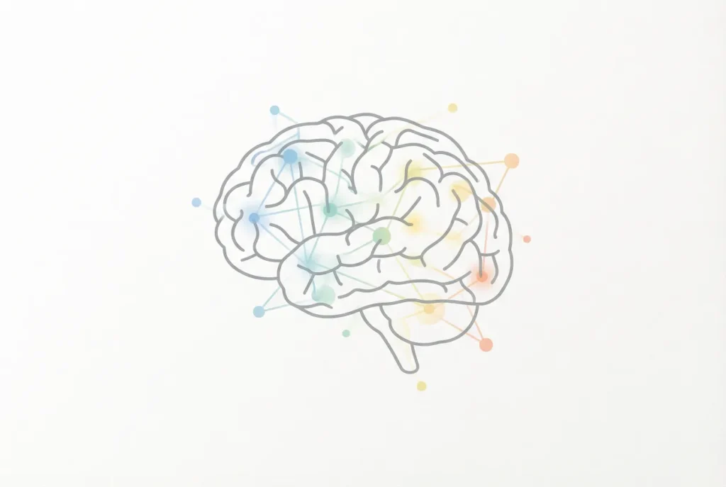 A line drawing of a human brain with colored points connected into a network