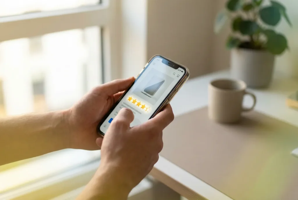 Hands holding a phone with a product page showing a star rating