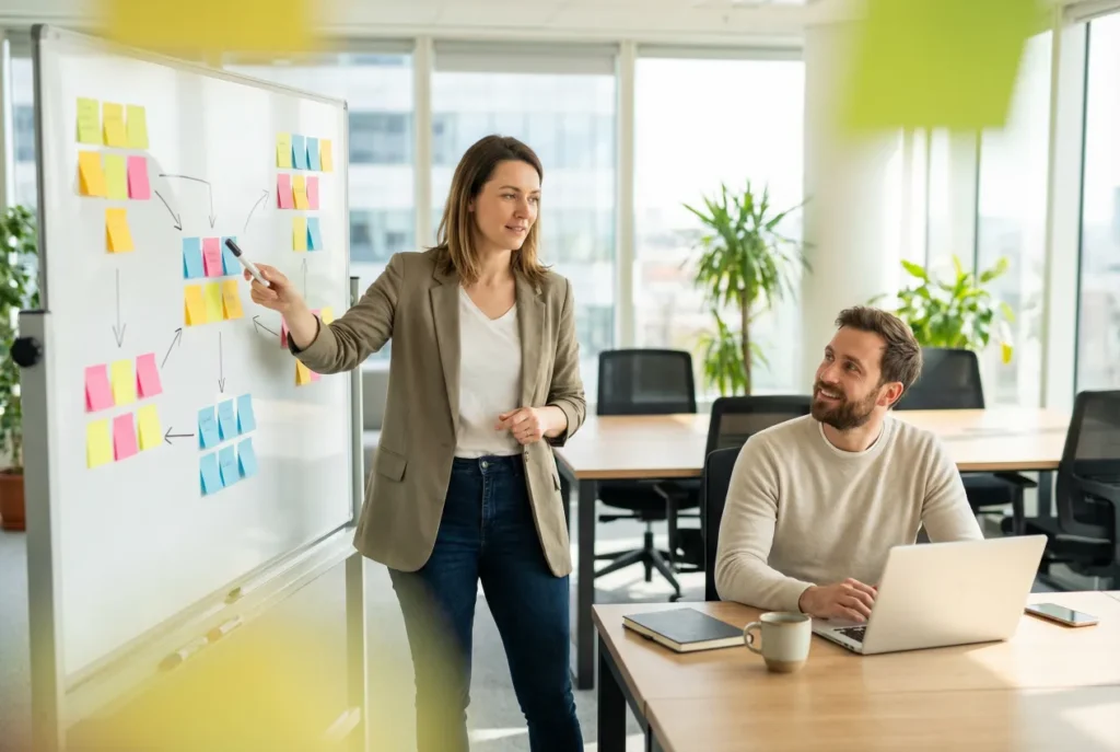 A woman presenting a workflow of sticky notes on a whiteboard to a smiling colleague at a laptop