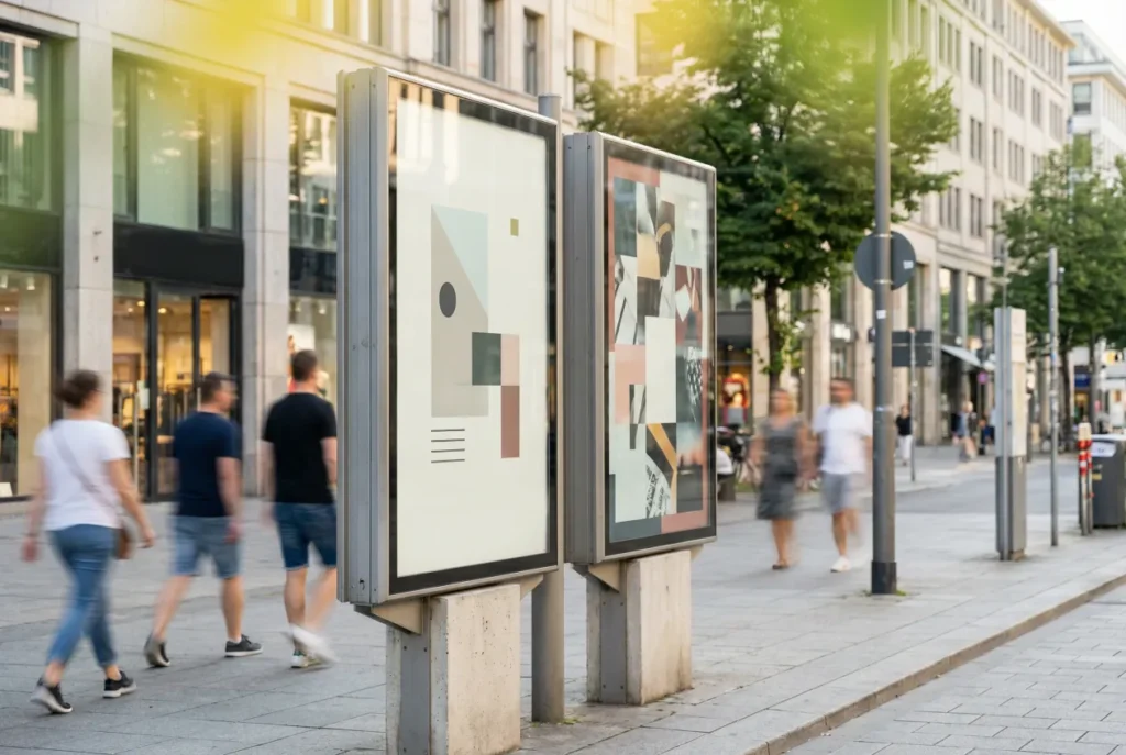 People walking past 2 advertising displays with different abstract designs on a city street