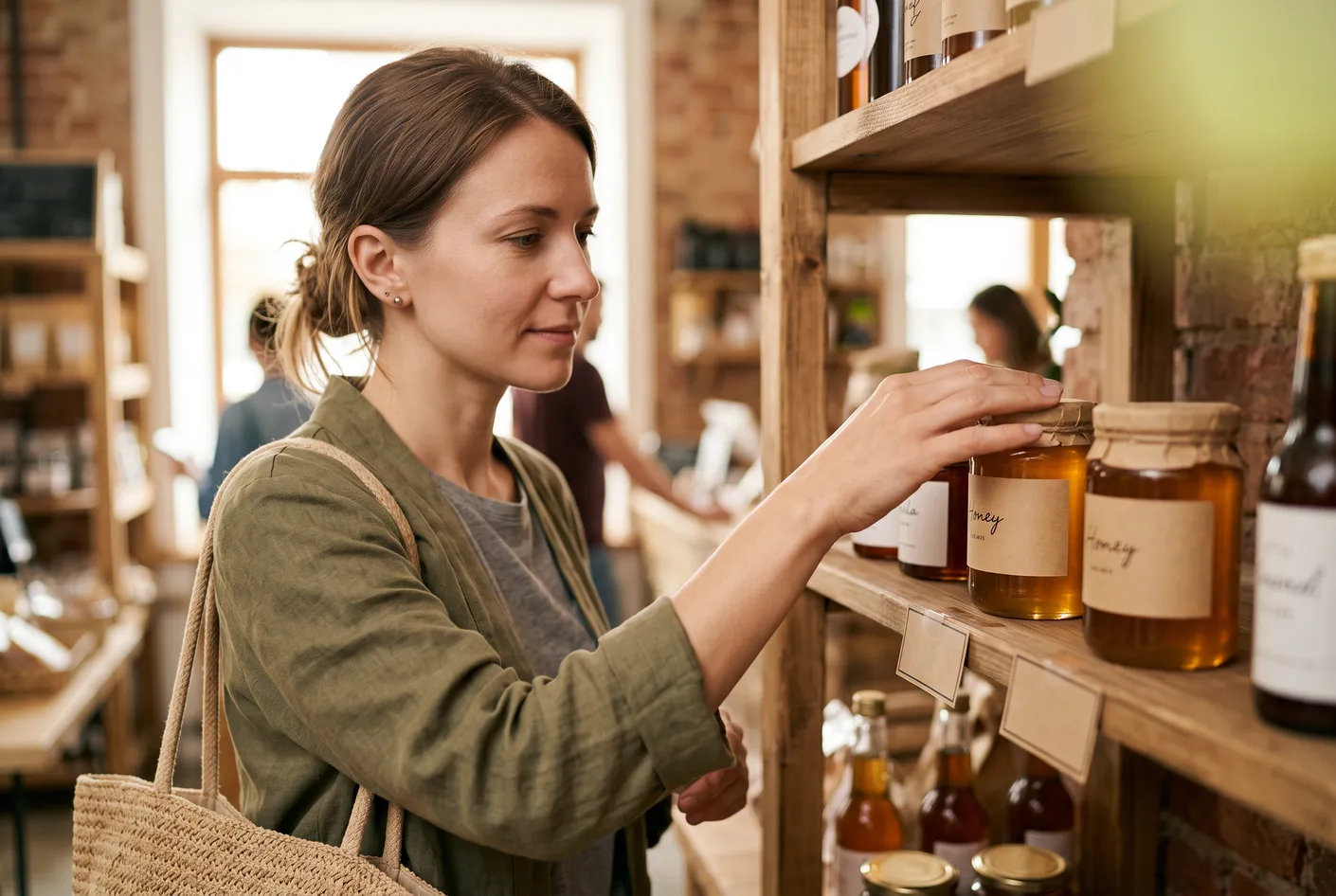 A customer in a store deciding between 2 similar jars of honey