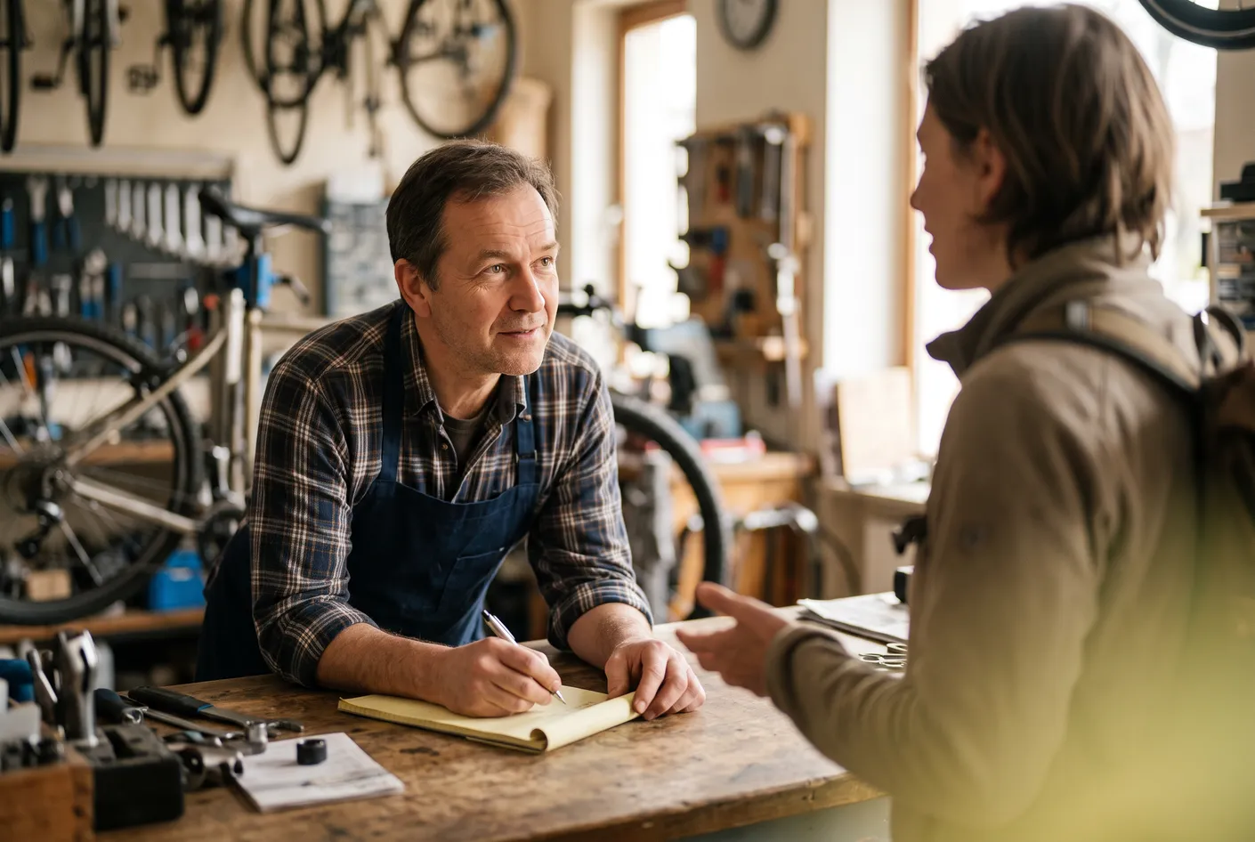 The owner of a bike repair shop taking notes while talking to a customer