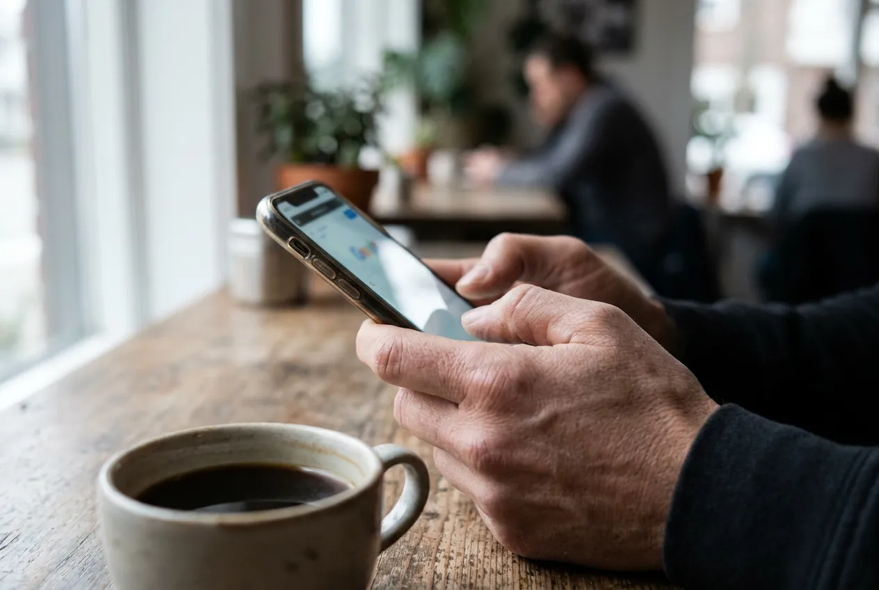 Hands typing into a search bar on a phone, with a cup of coffee nearby