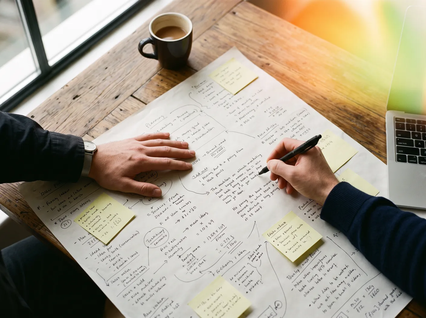 Hands over a plan sketched on paper, with sticky notes and coffee around it – David Zelenka