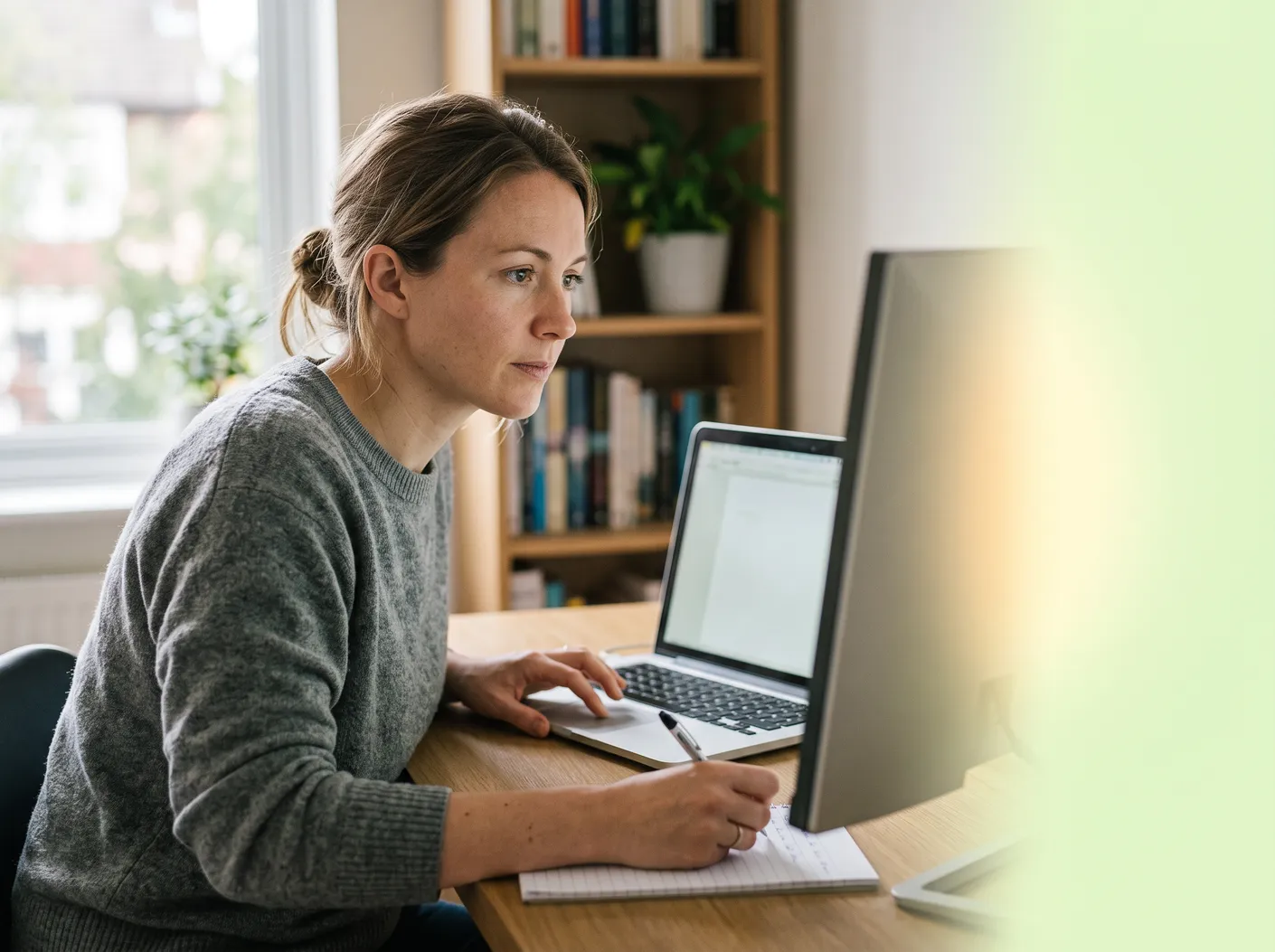 A woman working at a monitor and a laptop with paper documents – David Zelenka