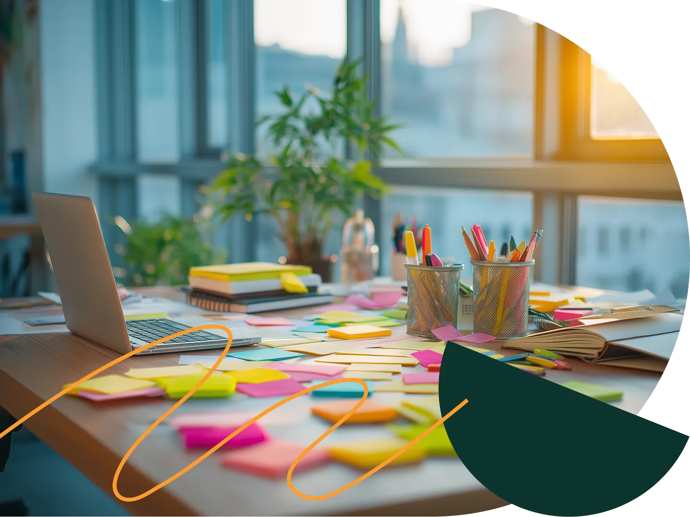 A desk with a laptop and colorful sticky notes – David Zelenka